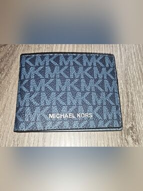 Authentic Michael Kors Slim MK signature navy blue bifold wallet